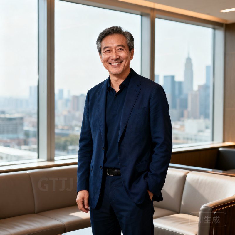 一位穿着深蓝色商务休闲装的男士，约四十岁，面带微笑，站在GBTJT贵宾厅休息区沙发旁，身后是落地窗和城市景观