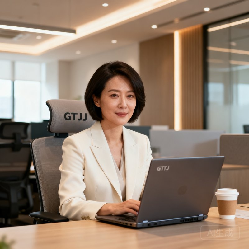 一位约三十五岁的女性，留着干练短发，穿着米白色西装外套，坐在GBTJT商务办公区的人体工学椅上，面前摆放着笔记本电脑和咖啡杯
